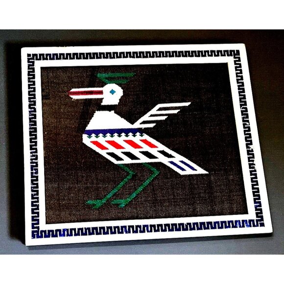 Native American Indian Embroidered Bird Ethnic Folk Art Cross-Stitch Framed VTG